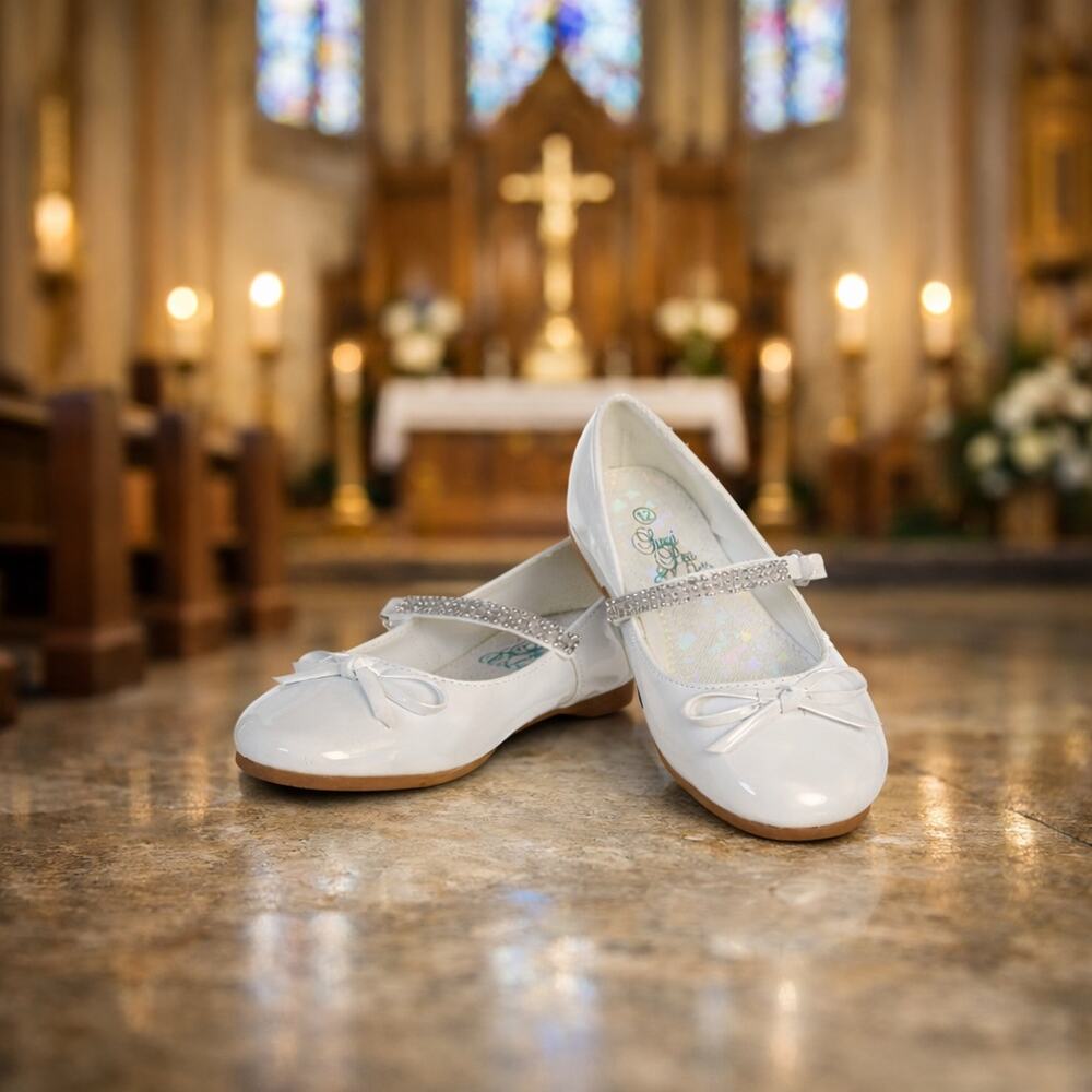 NEW Girl's Communion Dress Shoe-White/Patent Flat Shoe-Rhinestone Strap-Size 12T